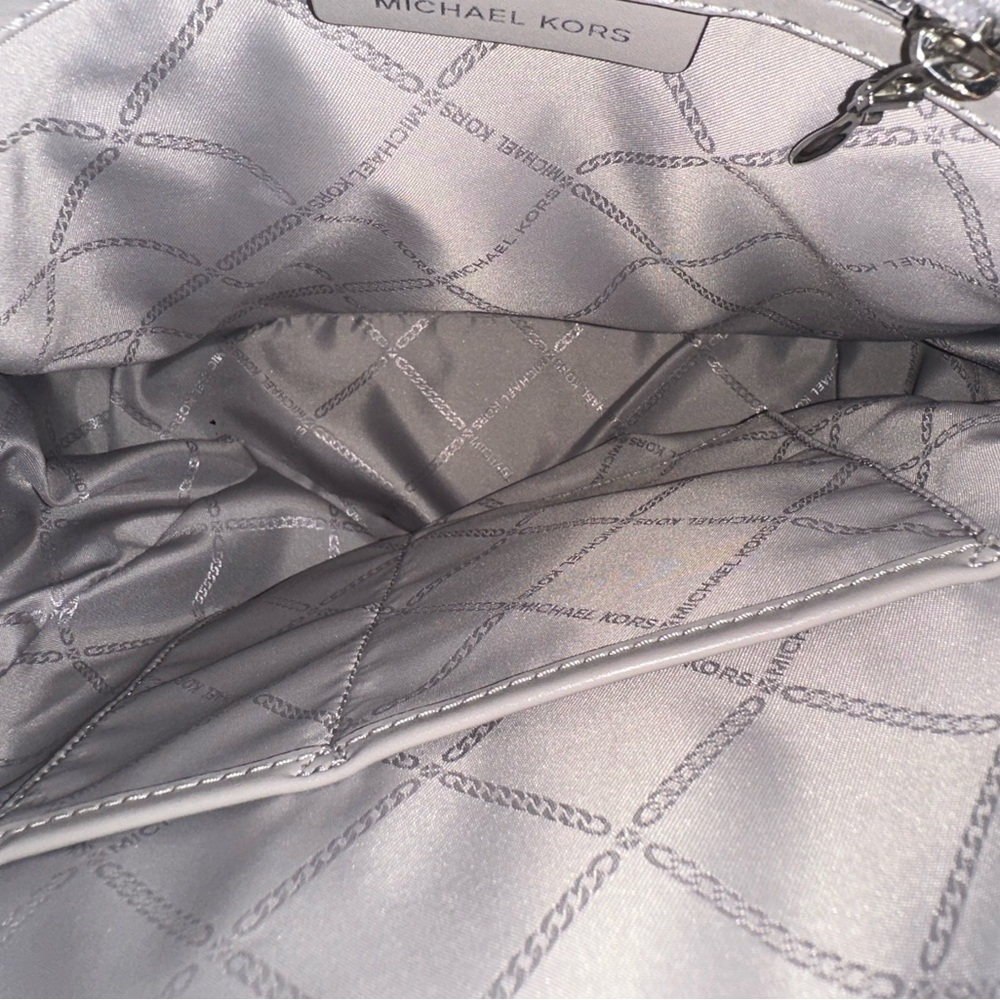 Michael Kors Rhea Backpack Pearl Grey Leather Medium MK Logo - Picture 13 of 16